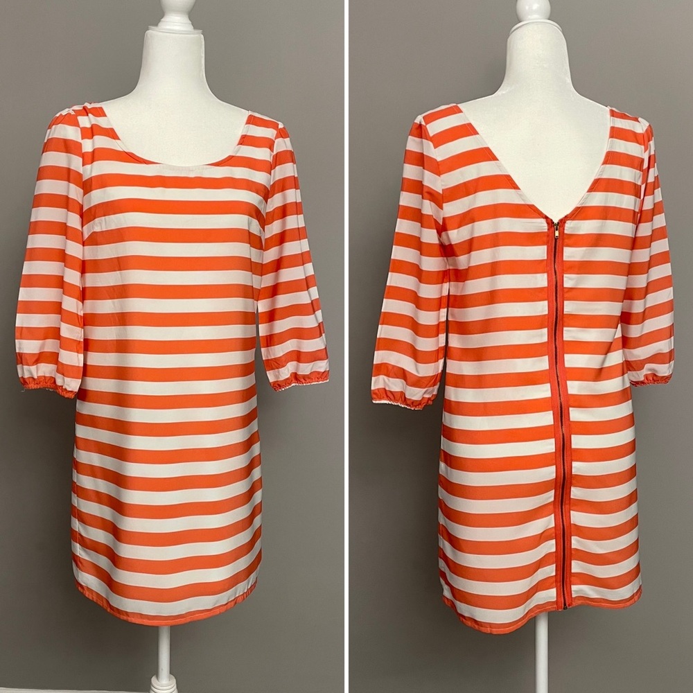 Pink Owl Salmon and White Striped 3/4 Sleeve Back Zip Shift Dress Size M